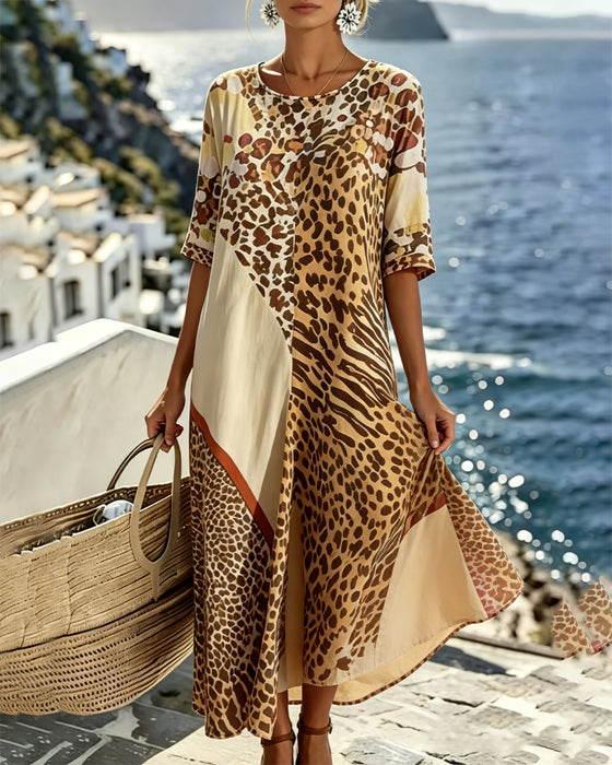 Kleid Leopard Print Rundhals Patchwork