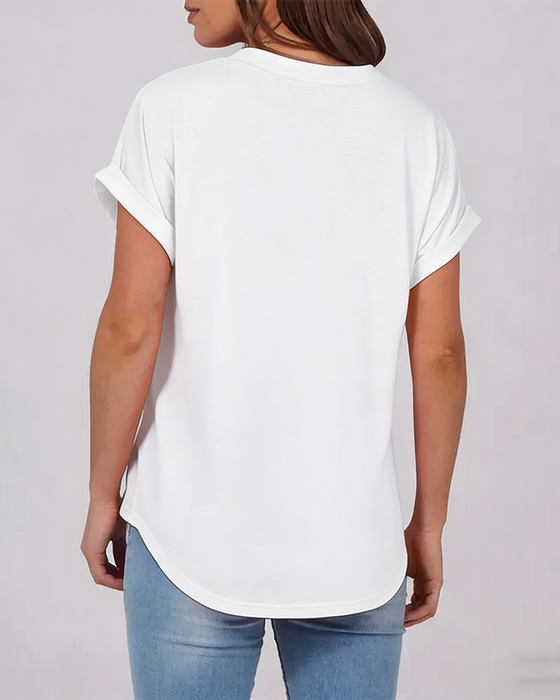T-Shirt Unifarben V-Ausschnitt Kurzarm