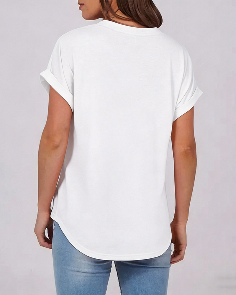 T-Shirt Unifarben V-Ausschnitt Kurzarm