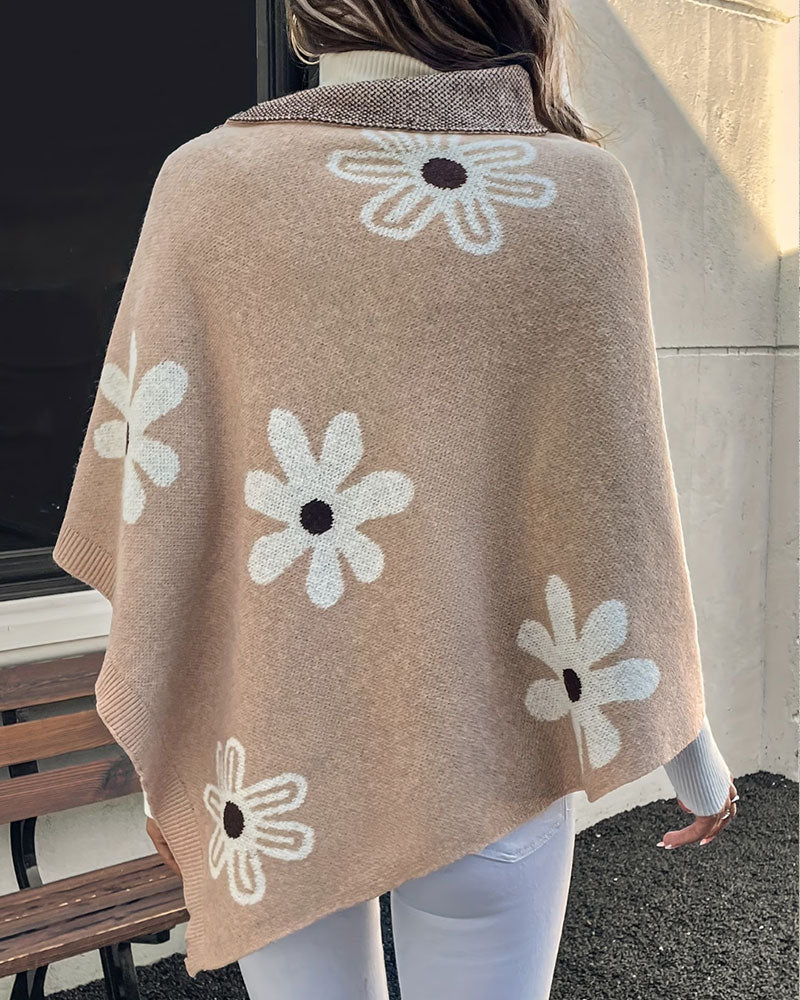 Pullover Gänseblümchenmuster Seitenknopf Schal Sweater
