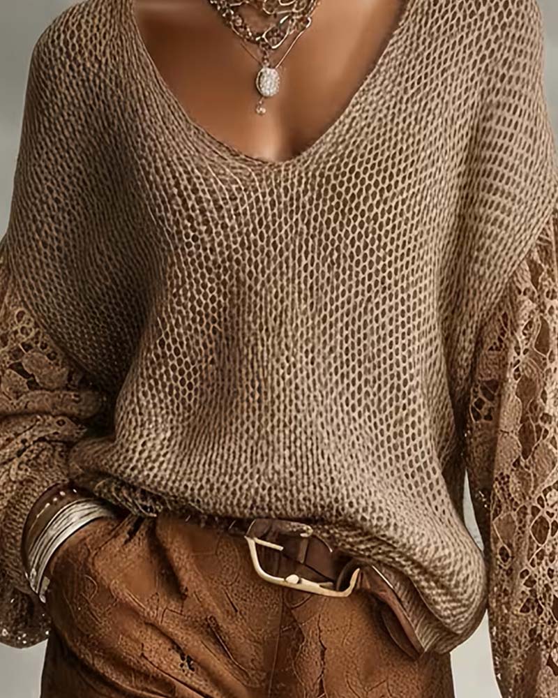 Pullover Spitze Cut-Out Patchwork Laternenärmel