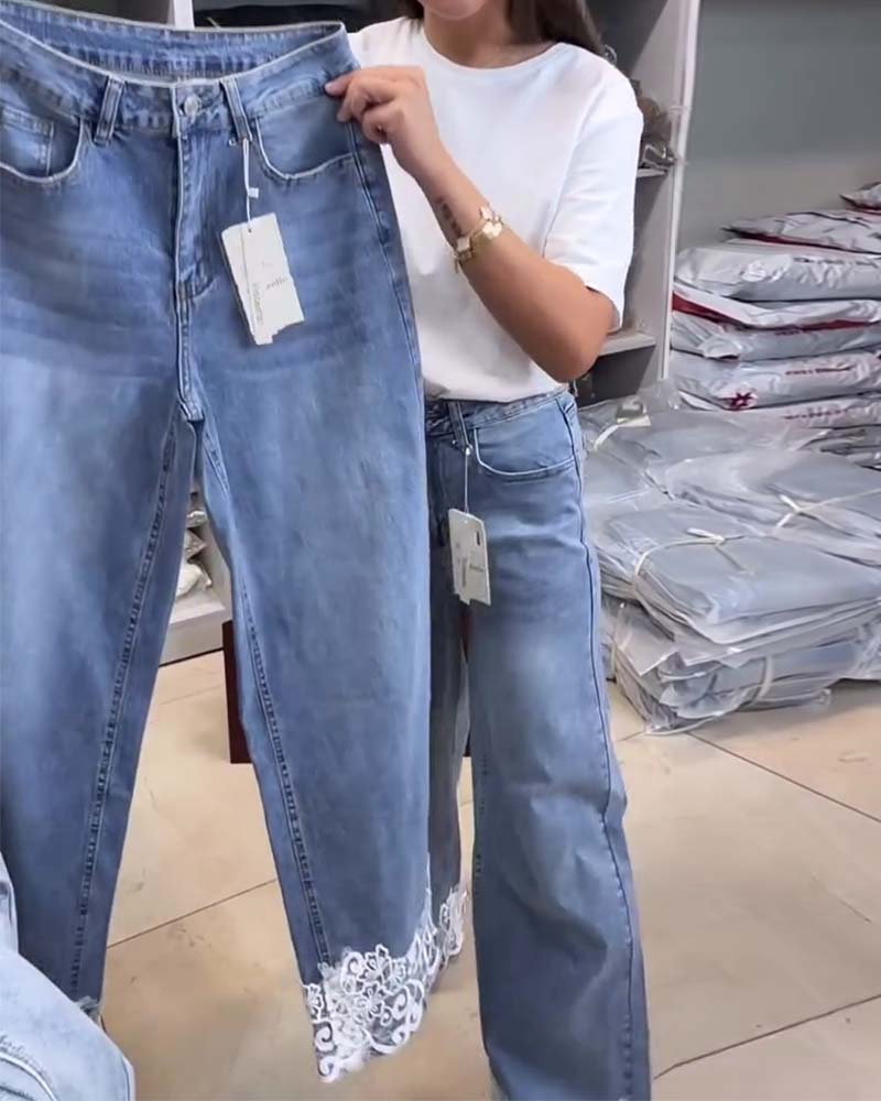Hose Casual Unifarben Weites Bein Denim