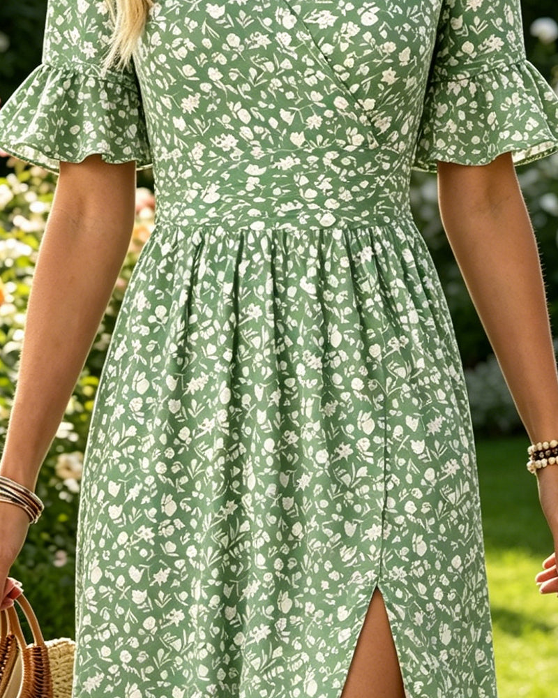 Kleid Taille Binden Blumig Rüsche Schlitz
