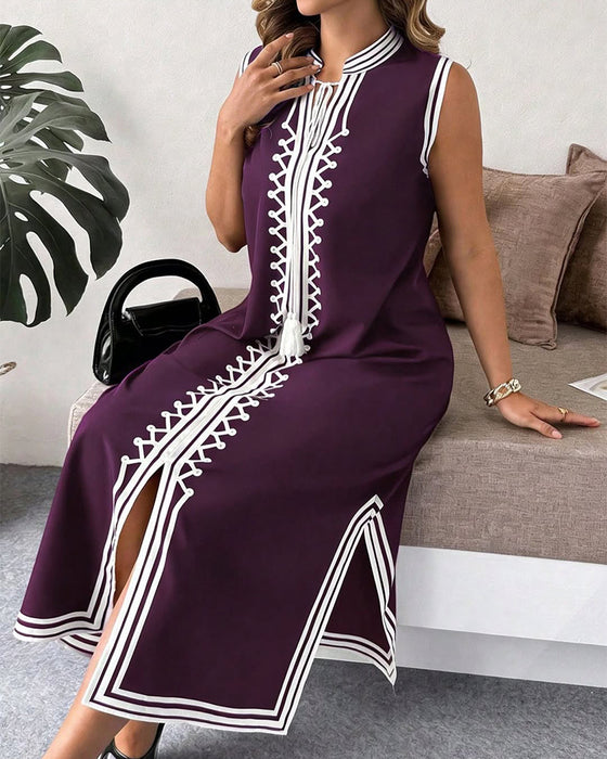 Kleid Weißes Band Ärmellos Schlitz Maxi