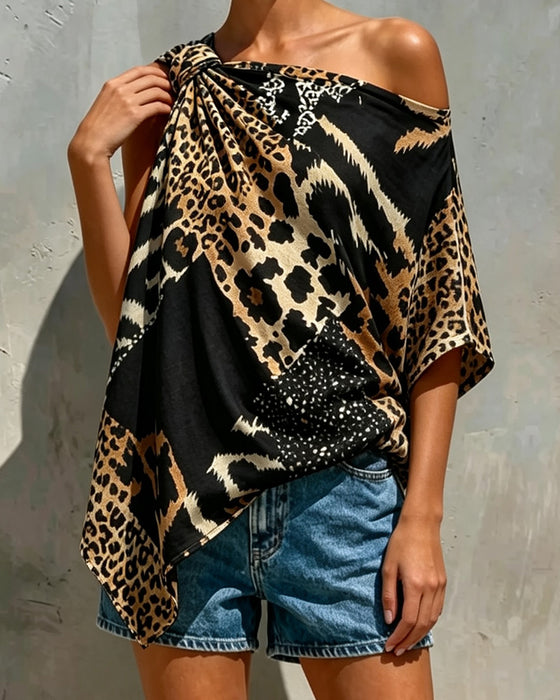 Bluse Leopardenmuster Patchwork Ein-Schulter