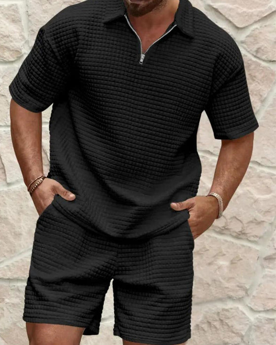 Set Polo Kragen Reißverschluss Waffel Textur Shorts