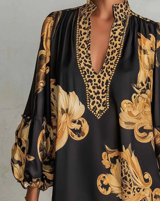 Kleid Leopard Laterne Ärmel Stehkragen Druck