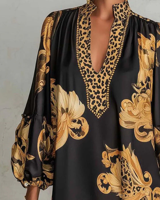 Kleid Leopard Laterne Ärmel Stehkragen Druck