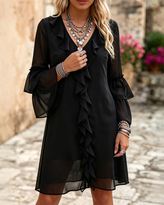 Kleid Ruffle Flügelärmel V-Ausschnitt