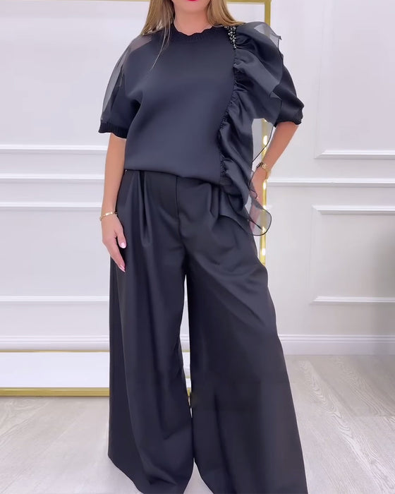 Bluse Rundhals Puffärmel Rüschen Layer-Look
