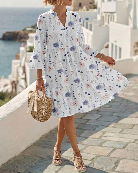 Kleid V-Ausschnitt Blumig Druck Midi