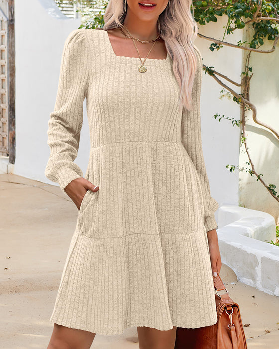 🍂2025 Herbst Neue Kollektion⏰ Damenkleid mit Quadrat-Ausschnitt, Laternenärmeln und Rippstruktur