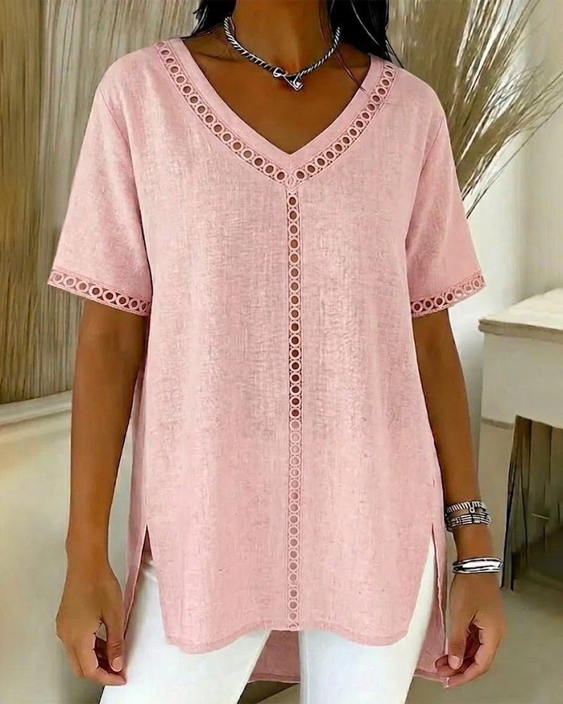 Top Hohl V-Ausschnitt Baumwolle Leinen