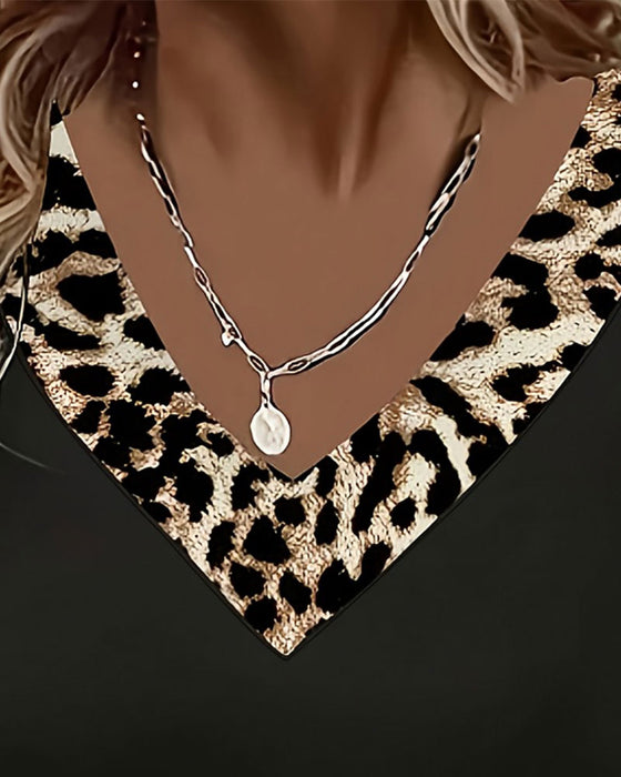 T-Shirt Langarm V-Ausschnitt Leopard Patchwork
