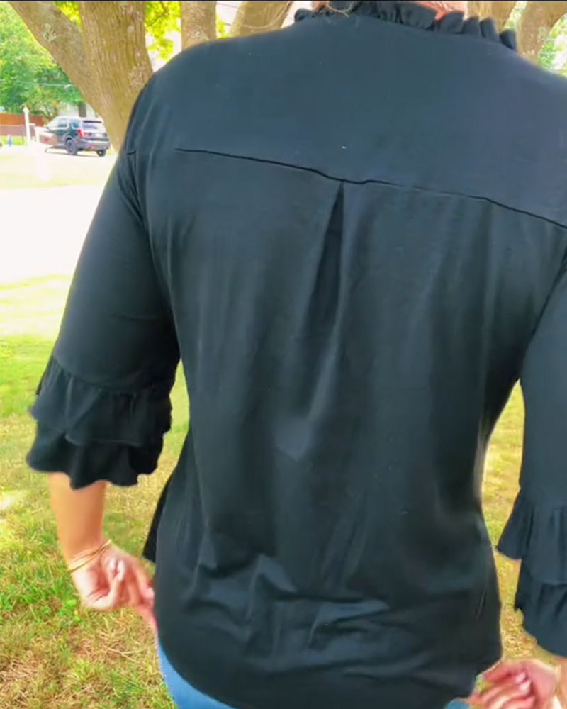 Top Rüsche V-Ausschnitt Dreiviertel Ärmel