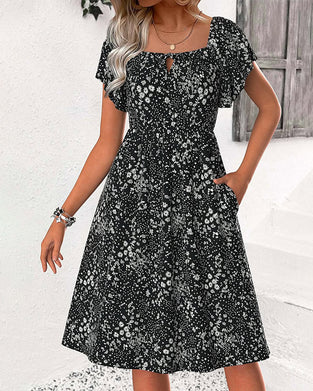 Kleid Quadratischer Ausschnitt Blumen A-Linie