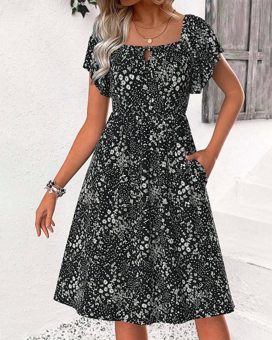 Kleid Quadratischer Ausschnitt Blumen A-Linie