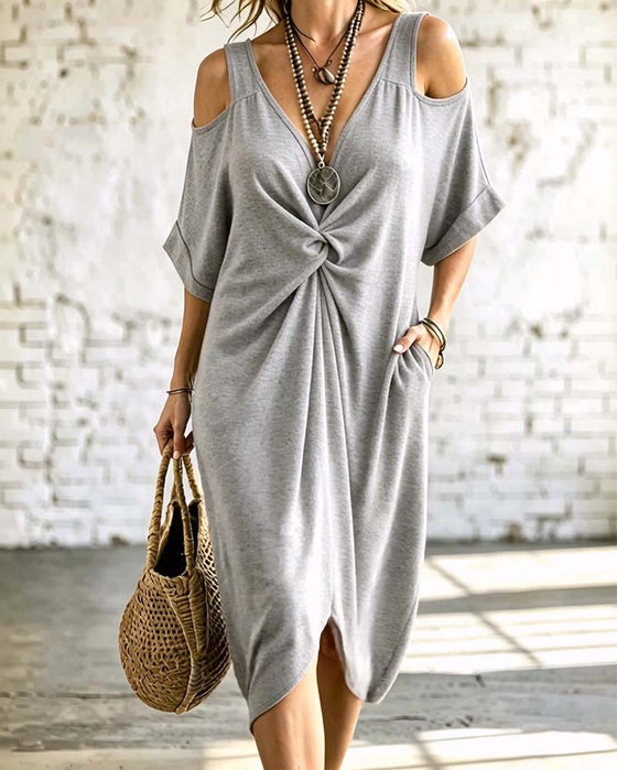 Kleid Einfarbig Kalt Schulter Gekraust