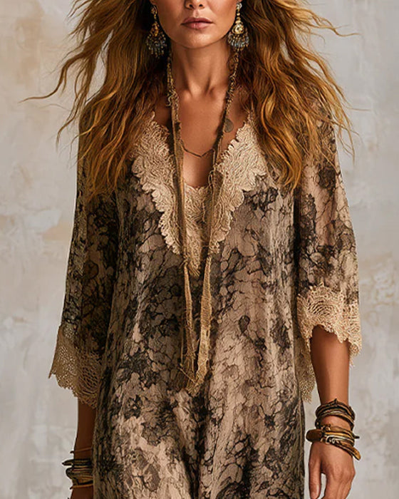 Kleid V-Ausschnitt Spitze Patchwork Asymmetrisch