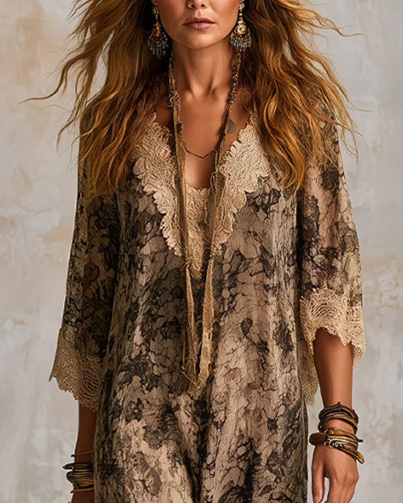 Kleid V-Ausschnitt Spitze Patchwork Asymmetrisch