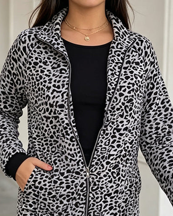 Mantel Leopard Stehkragen Reißverschluss