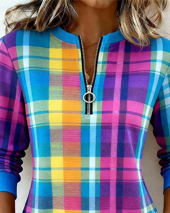 Farbiges Karo-Sweatshirt Mit Halb-Reißverschluss