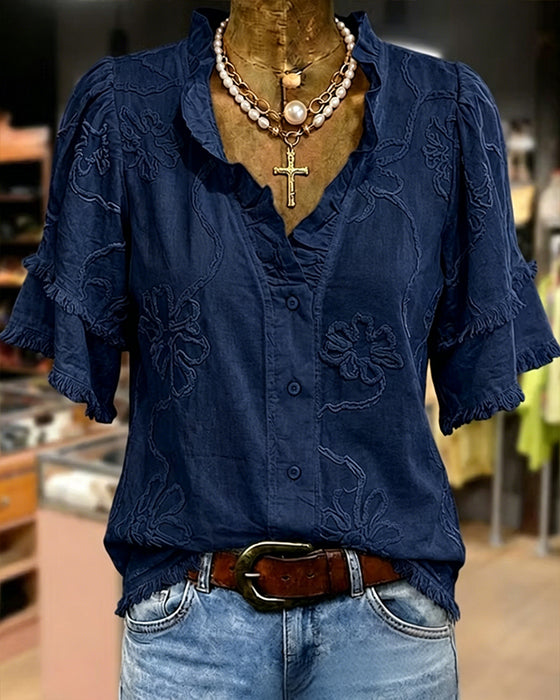 Bluse Fransensaum Puffärmel