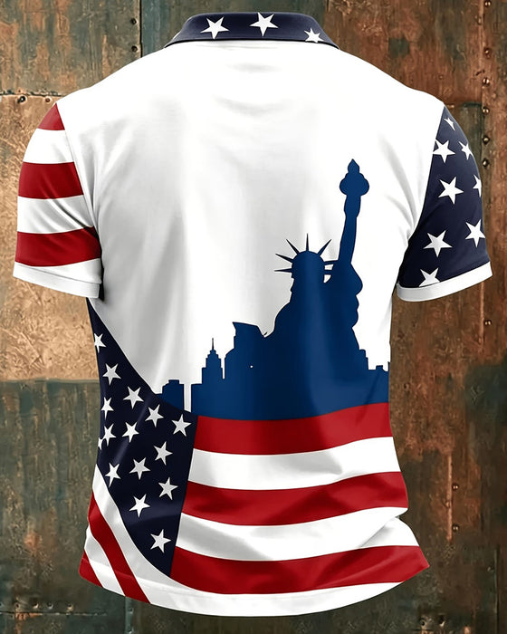 T-Shirt Sterne Und Streifen Druck Kragen Knopf