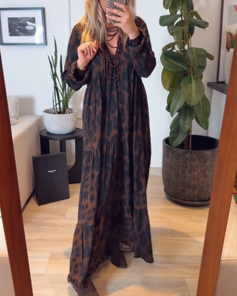 Kleid V-Ausschnitt Leopardenmuster Mode Maxi
