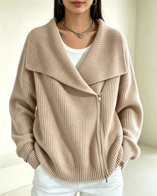Strickjacke Großer Revers Diagonaler Reißverschluss