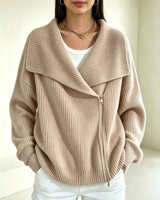 Strickjacke Großer Revers Diagonaler Reißverschluss