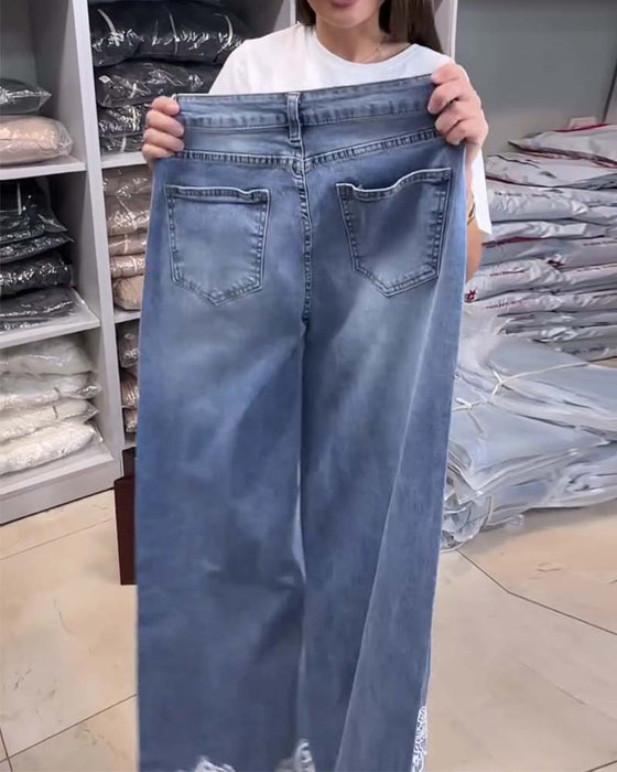 Hose Casual Unifarben Weites Bein Denim