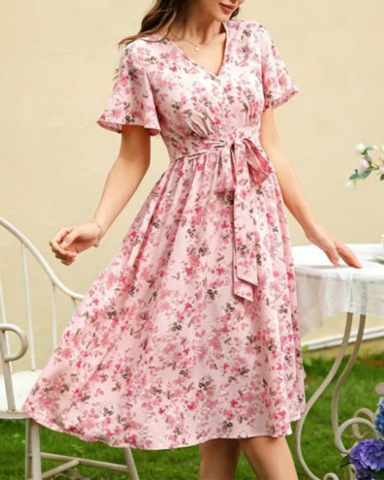 Kleid V-Ausschnitt Blumen A-Linie