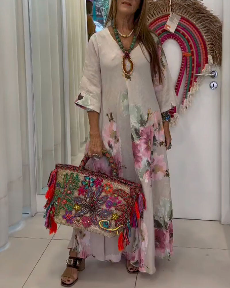 Kleid Locker V-Ausschnitt Bedruckt Lang