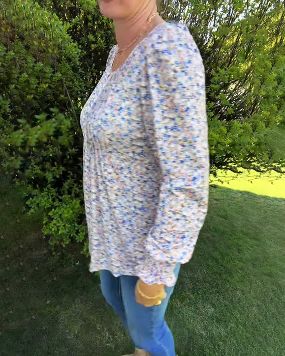 Plissiertes Top mit Blumenmuster und Puffärmeln