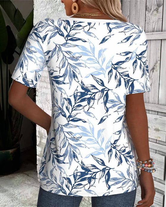 T-Shirt V-Ausschnitt Kurzärmelig Bambusblattdruck