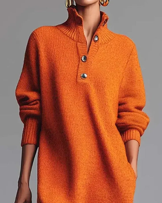 Unifarbenes Kleid mit Knöpfen und hohem Kragen