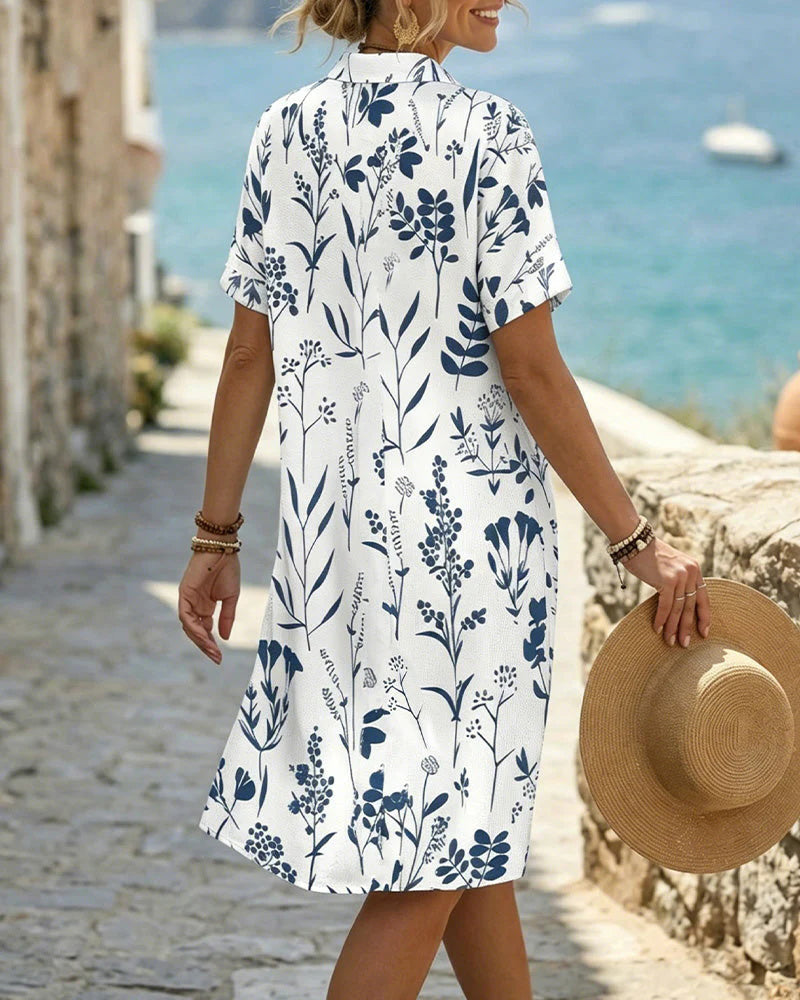 Kleid Botanischer Druck Knielang Hemd