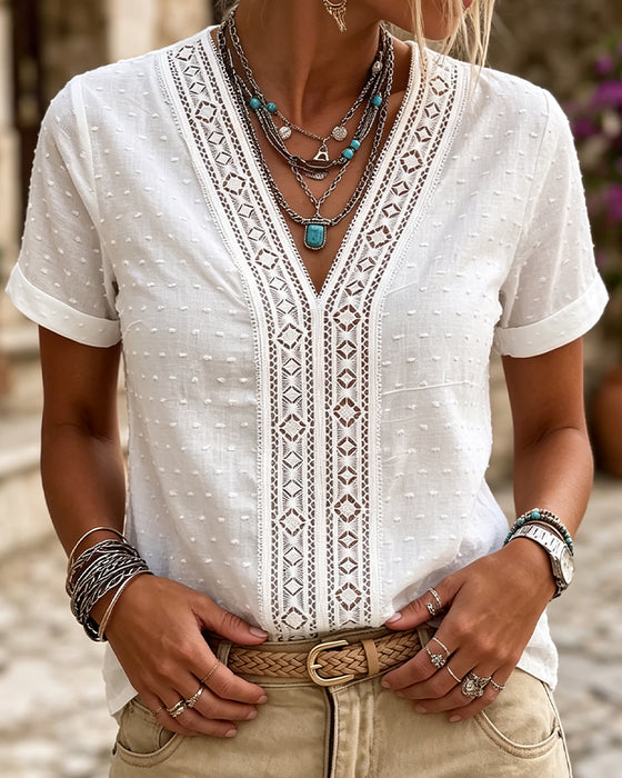 Bluse V-Ausschnitt Diamant Ausschnitt 3D Blumig Uni
