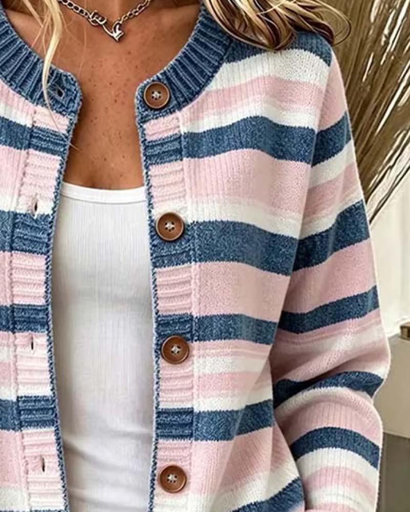 Cardigan Gestreift Rundhals Einreihig