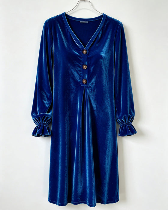 Kleid V-Ausschnitt Knopf Rüsche Plissiert