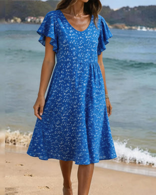 Kleid U-Ausschnitt Taille Print Flatterärmel