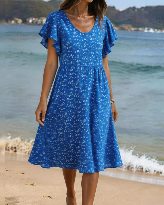 Kleid U-Ausschnitt Taille Print Flatterärmel