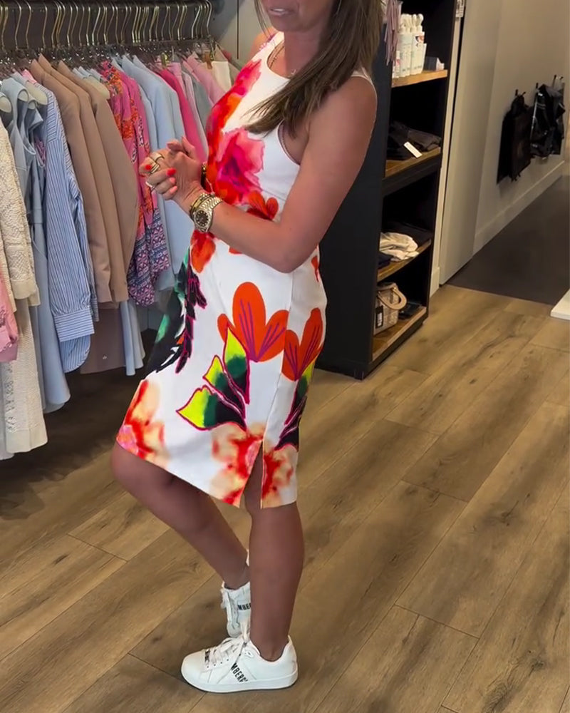 Kleid Aquarell Große Blume Ärmellos Hüfte