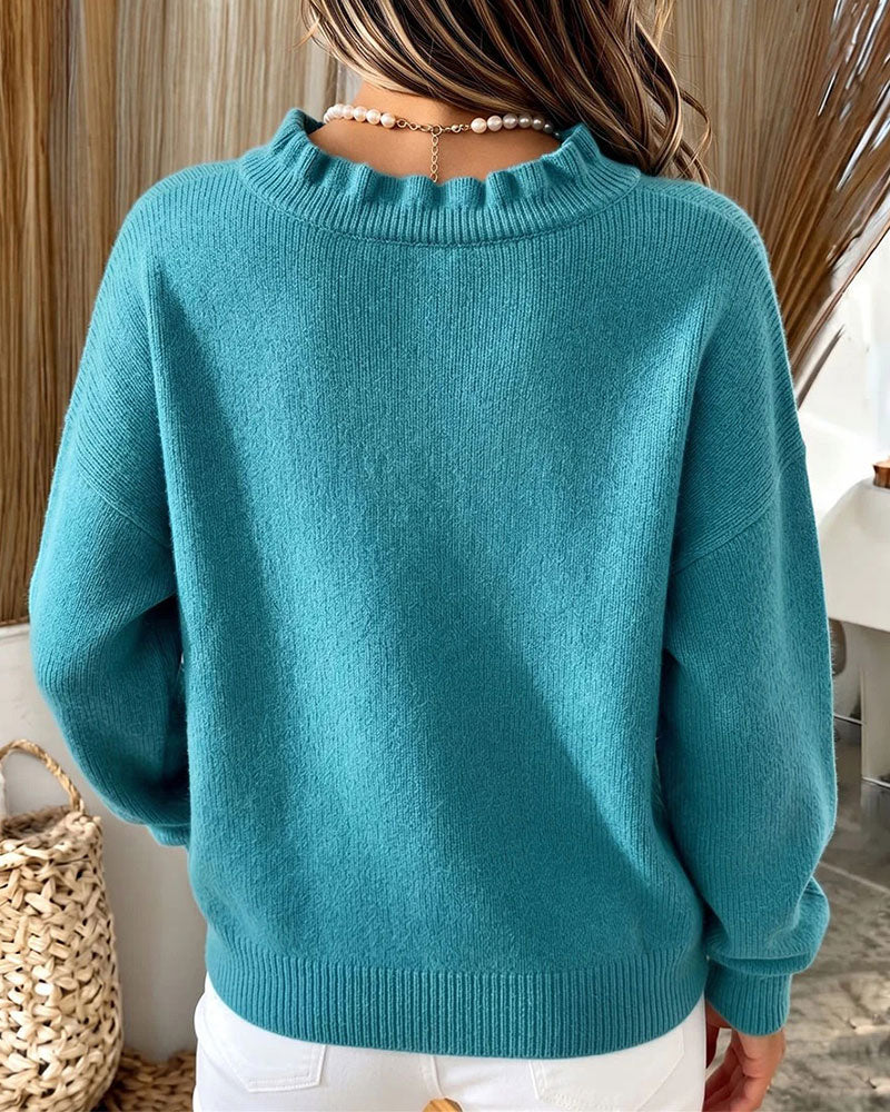 Pullover V-Ausschnitt Rüsche Hängende Schulter