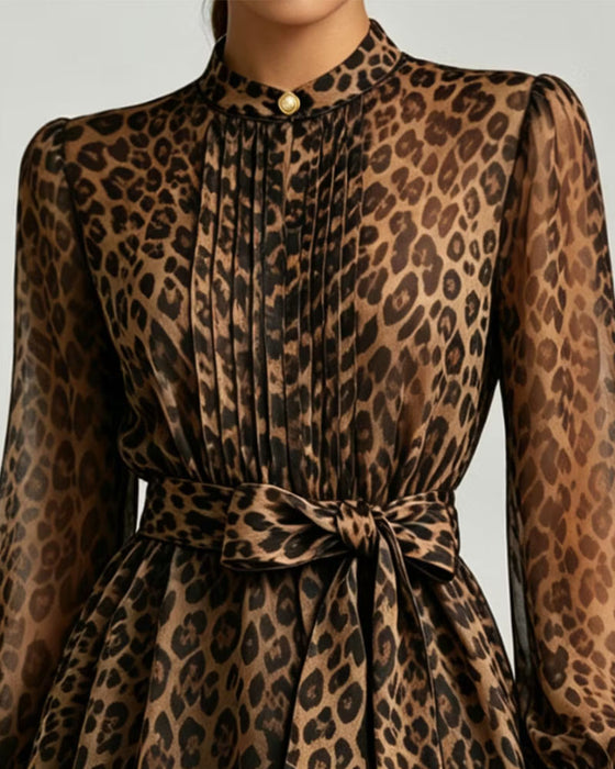 Bluse Leopard Druck Stehkragen Puff Ärmel Schnürung
