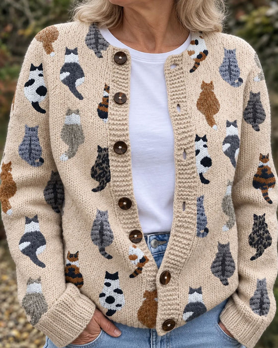 Cardigan Katze Rücken Druck Gestrickt