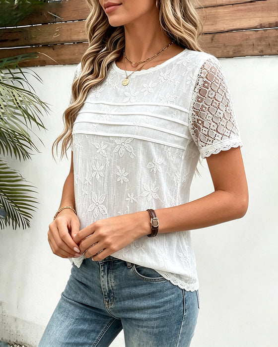 T-Shirt Spitze Flickenwerk Plissiert