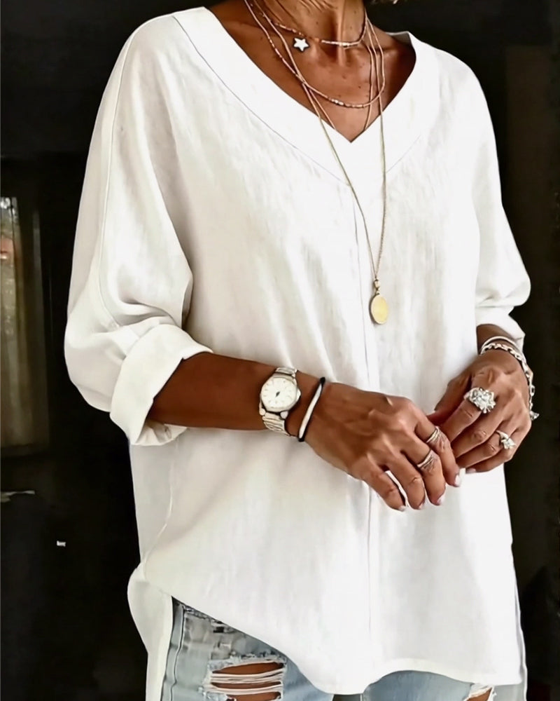 Top V-Ausschnitt Sieben-Ärmel Geteilt Baumwolle Leinen