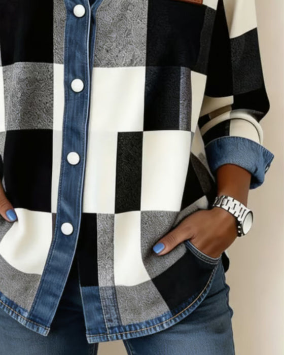 Hemd Karo Farbblock Denim Patchwork